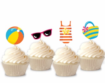 May include: Four cupcakes with summer-themed toppers. The toppers are a beach ball, sunglasses, a striped swimsuit, and a beach bag.