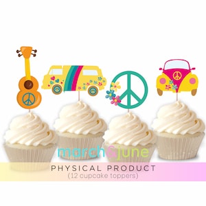 Hippie Theme Cupcake Topper, Set of 12, 70&#39;s Retro Party Theme