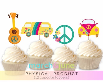 Hippie Theme Cupcake Topper, Set of 12, 70&#39;s Retro Party Theme