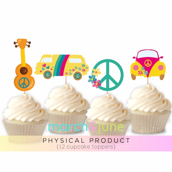 Hippie Theme Cupcake Topper, Set of 12, 70's Retro Party Theme