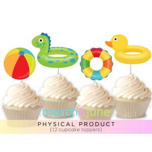 Cupcake Toppers, Set of 12, Summer, Pool, Beach, Splash Birthday Party Theme for Boys