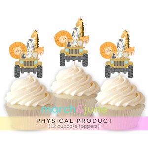 Safari Cupcake Toppers, Set of 12, Birthday, Baby Shower Lion Tiger Monkey Elephant Giraffe Zebra Zoo Jungle Animal Party Theme