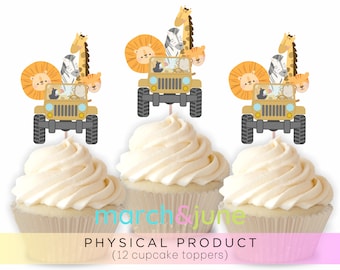 Safari Cupcake Toppers, 12er Set, Geburtstag, Babyparty Löwe Tiger Affe Elefant Giraffe Zebra Zoo Dschungeltier Party Thema