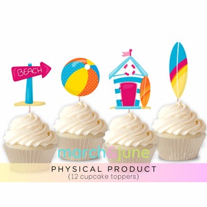Beach Theme Cupcake Toppers, Set of 12, Summer Party Celebration