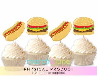 Burger Hotdog Cupcake Toppers, Set of 12, BBQ Party, Food Theme Celebration