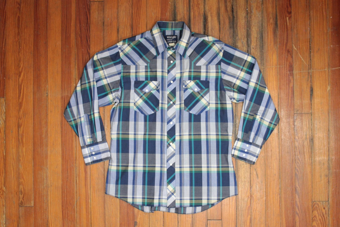 Vintage Teal Blue and Yellow Plaid Western Shirt Pearl Snap - Etsy