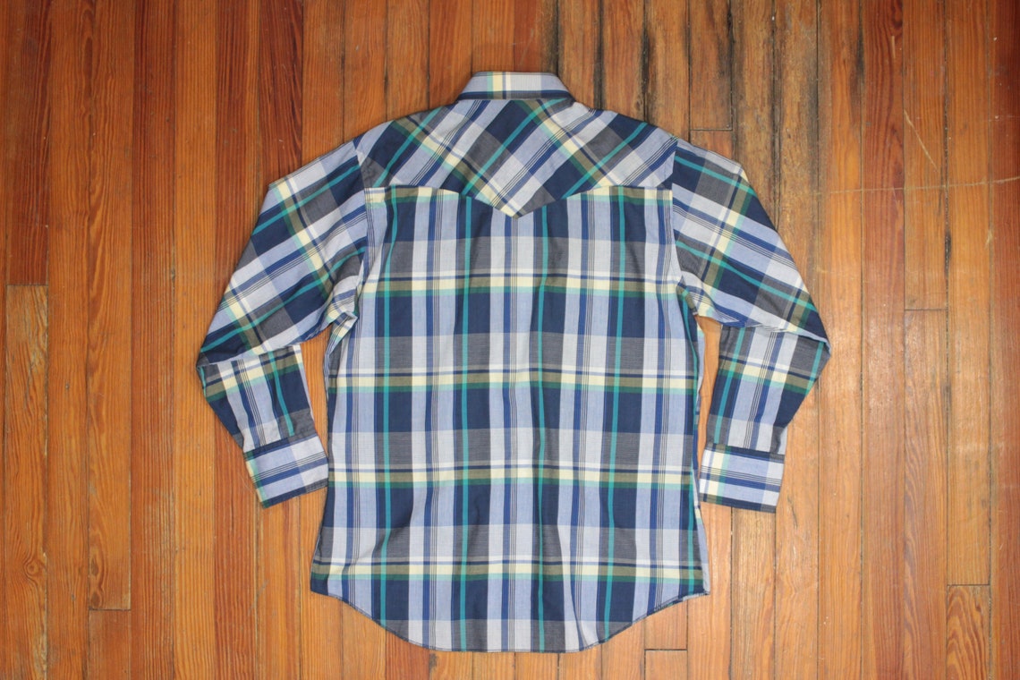 Vintage Teal Blue and Yellow Plaid Western Shirt Pearl Snap - Etsy