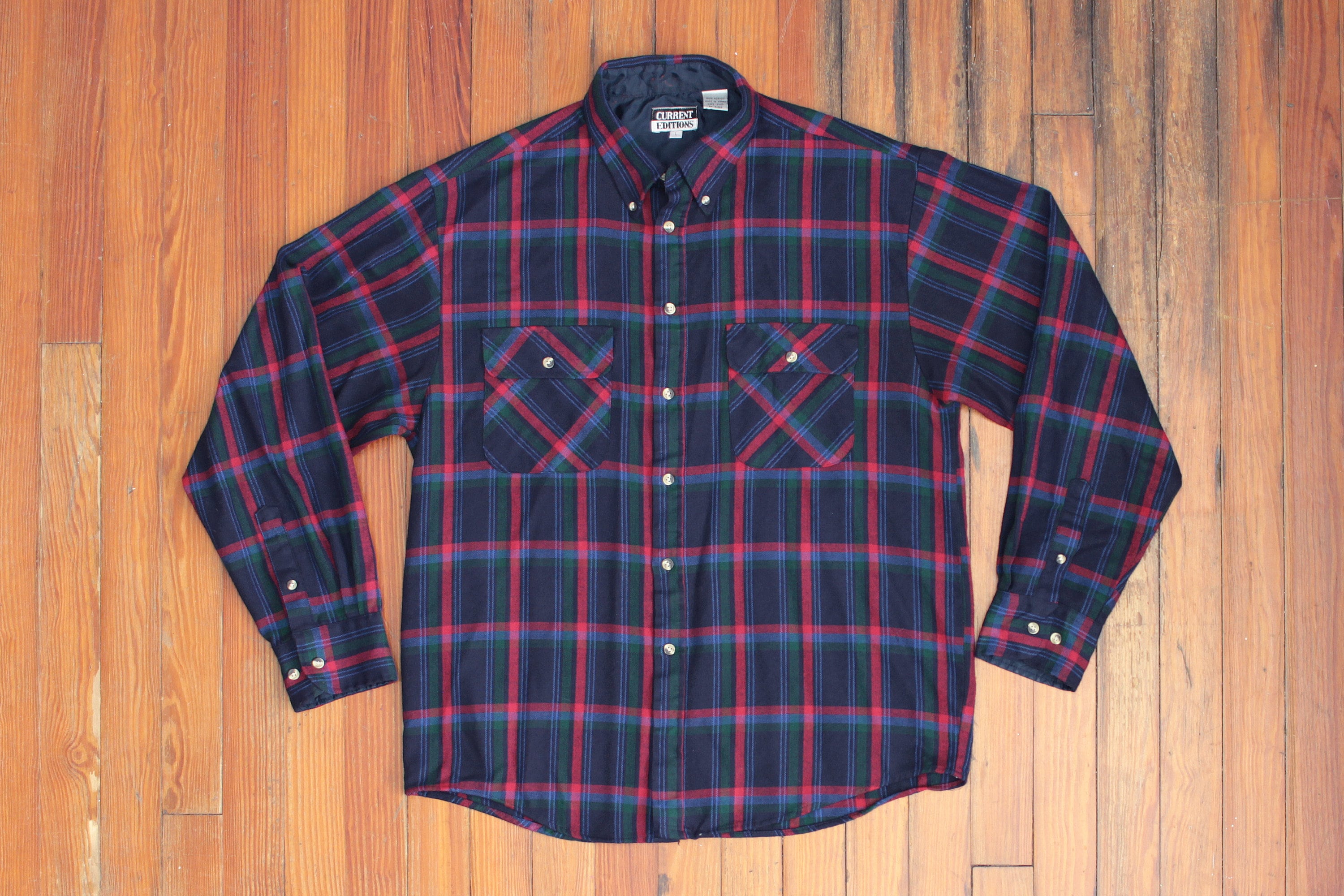 Vintage 1990's Flannel Shirt Red Navy Blue Green Plaid Acrylic Preppy ...