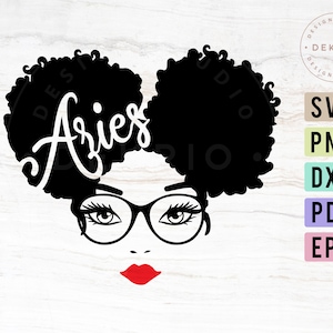 May include: Black and white silhouette of a woman with an afro hairstyle and glasses. The word "Aries" is written in white cursive on her hair.