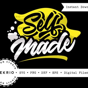 May include: A yellow and white graphic design with the text "Self Made" in a bold, handwritten style. The design is on a black background.