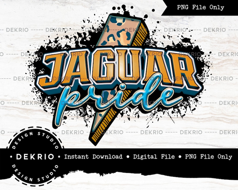 May include: A digital graphic design featuring a yellow and blue "JAGUAR pride" text with a black and white leopard print lightning bolt in the background. The design is set against a black and white splatter background.
