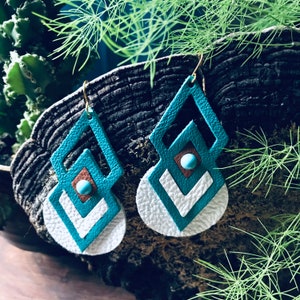 Leather Earrings Bohemian style , Diamond cut with circles Handmade genuine Leather| Gift For Her