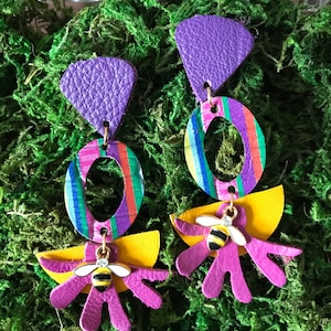 Flower shaped Purple, fushia multicolors leather Earrings with bee charms| Statement earrings| Unique leather earrings