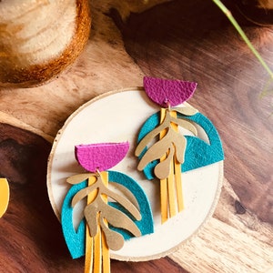 Turquoise, yellow Fushia Leather earrings with brass leaf | Statement Leather earrings|   Unique multicolors leather earrings