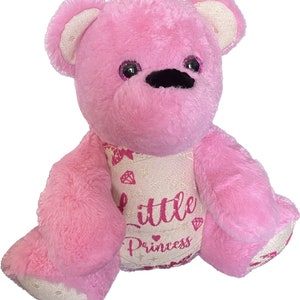 May include: Pink plush teddy bear with sparkly eyes and a black nose. The bear is sitting and has a white patch on its chest with pink embroidery that says "Little Princess" and pink diamond shapes.