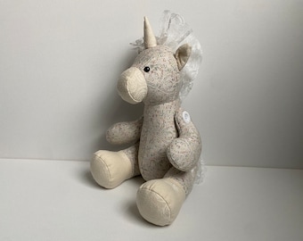 Stuffed Unicorn, Unicorn Gift, Gift for Girl, Oscha Slings wrap scrap, Memory Gift, Unicorn Decor, Plush Cute Toy, Posable