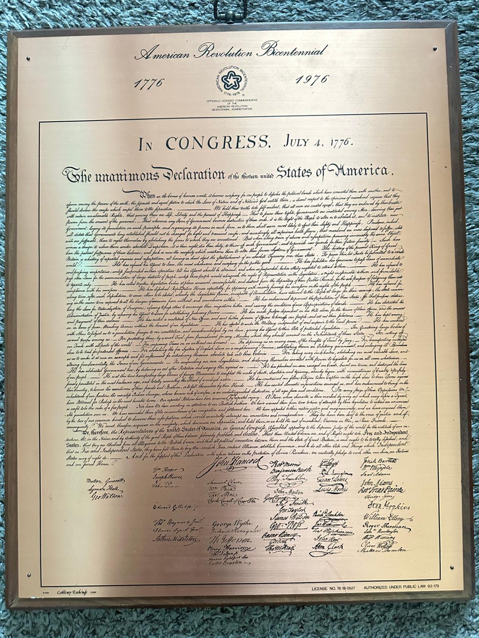 1976 Etched Brass Declaration of Independence Solid Wood Wall Hanging ...