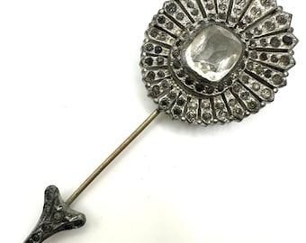 Antique 1930s Art Deco pot metal clear glass rhinestones jabot stick pin brooch
