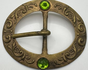 Antique Art Nouveau embossed gold tone brass green rose cut glass belt buckle il_fullxfull.7026053246_6er5.jpg main image 3