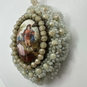 1930s antique Czech milk glass beads beaded hand painted portrait pendant