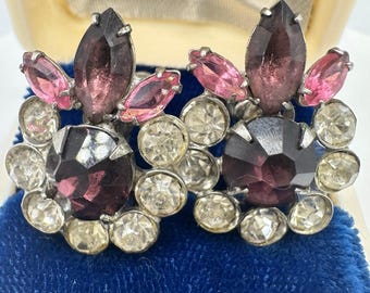 Vintage silver tone pink purple clear glass rhinestones screw back earrings