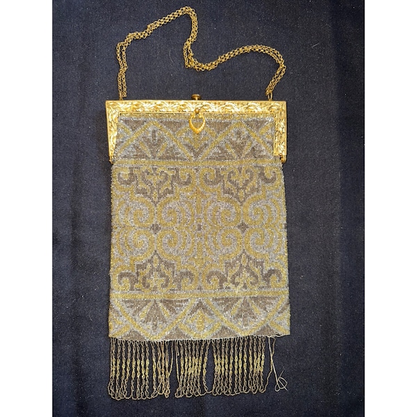 Antique Edwardian French gold gilt silver glass beads beaded fringe purse bag