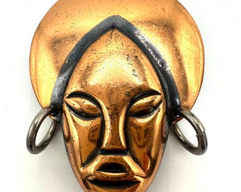 Vintage Elzac-stil massiv koppar guld silver tonad tribal ansikte brosch