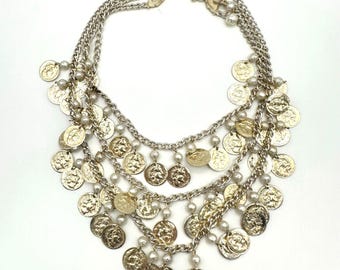 Japan 1950s vintage triple 3 strand gold tone coins faux pearls charms necklace