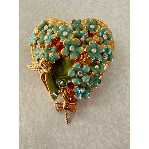 Kirks Folly vintage gold tone enamel floral dragonfly heart rhinestones brooch