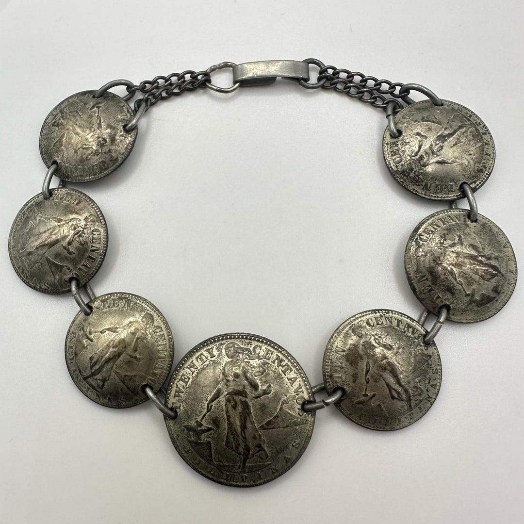 1945年、1944年　ブレスレット Dマーク　10センタボ　フィリピン WWII Era Vintage Retro USA Philippines 750 Sterling Silver 7 Coins