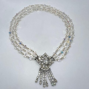 Vintage triple strand AB glass beads beaded elaborate rhinestone clasp necklace