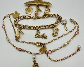 Mattel 1996 Barbie gold tone charms bracelet brooch pink rhinestone necklace set