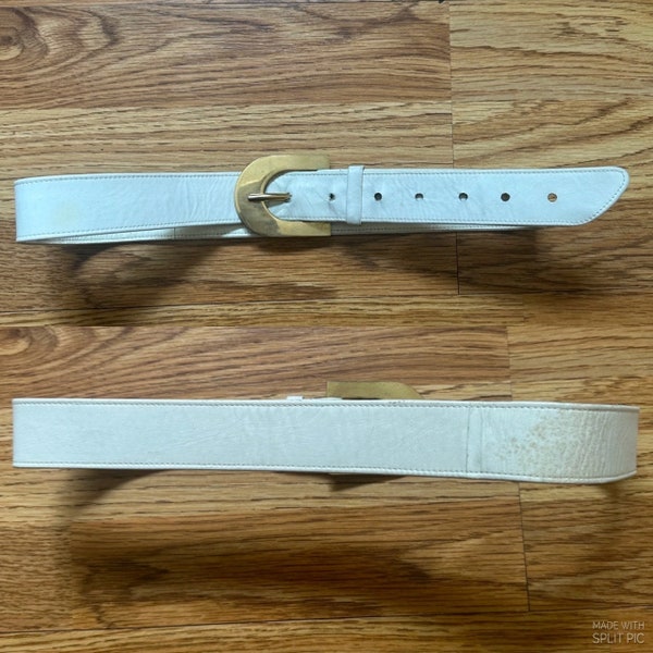 Vintage 1980s white ivory real genuine leather gold buckle belt