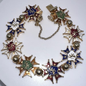 Vintage gold tone heraldic multicolor enamel shield crest coat of arms bracelet
