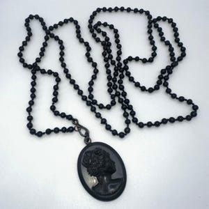 Antique Victorian Whitby jet black cameo jet glass beaded 66” mourning necklace