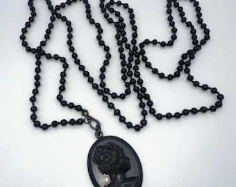Antique Victorian Whitby jet black cameo jet glass beaded 66” mourning necklace