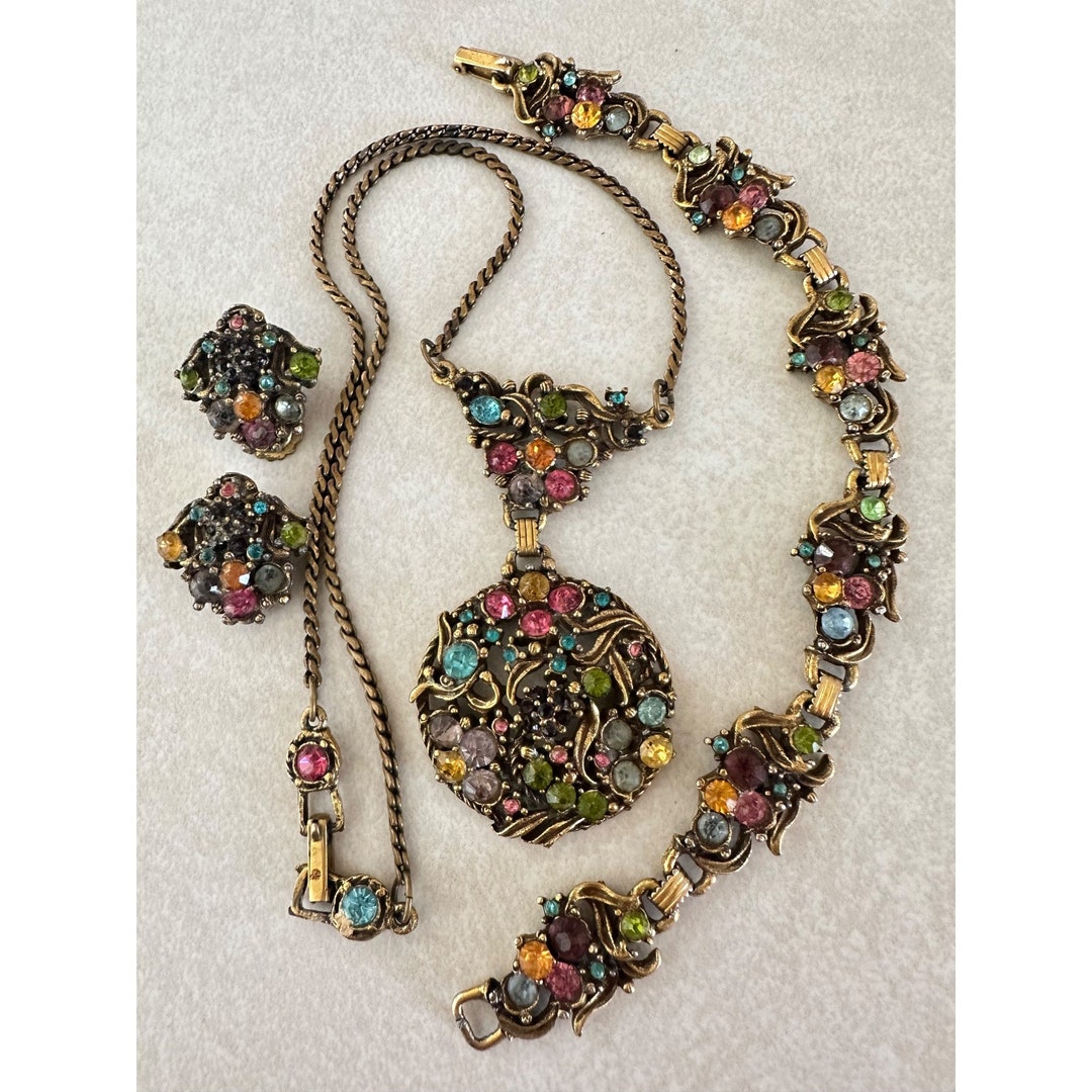 Touchstone Indian Bollywood Necklace Set - Antique Gold Tone, Handcrafted Filigree, Multicolor Rhinestones