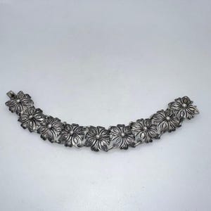 1940s vintage 925 sterling silver floral flex panels chain links bracelet