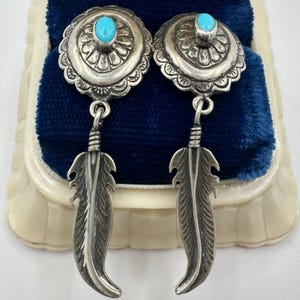 Navajo vintage sterling silver genuine turquoise concho feather post earrings