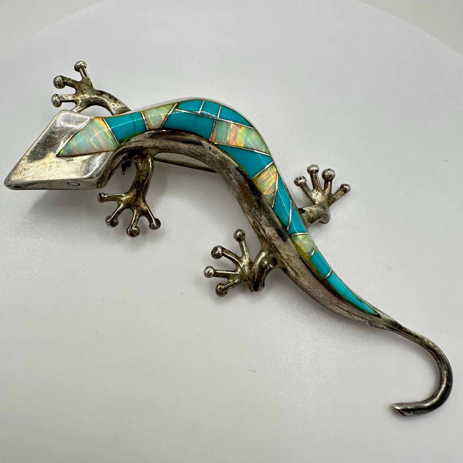 Native American Sterling Silver Fire Opal Turquoise Inlay Lizard