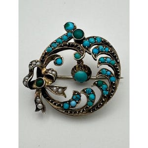 Antique Victorian 9kt gold genuine turquoise cabochons seed pearls bow brooch