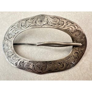Antique Victorian Edwardian solid sterling silver engraved belt buckle sash pin