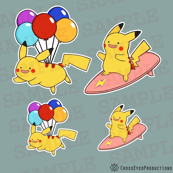 Pokemon Balloon And Surfing Ditto Pikachu Glossy Vinyl Kiss Cut Stickers