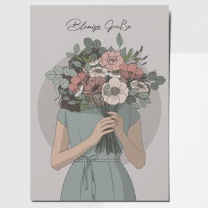 Rotberta Karte, Blumige Grüße, Frau mit Blumenstrauß