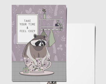 Postcard TAKE YOUR TIME, raccoon in the cup