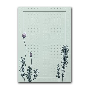 Könnte beinhalten: Ein hellgrünes Notizbuch mit Punktraster, rechteckigem Rahmen und floralen Illustrationen. Das Notizbuch zeigt filigrane Strichzeichnungen von Blumen und Blättern in Lila- und Grautönen.