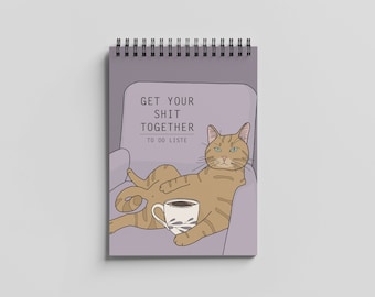 To Do List DIN A6, ring binding, cat with coffee cup