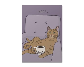 Rotberta greeting card cat with coffee cup Nope