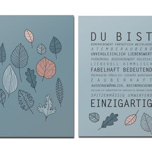 Postkartenset Du bist einzigartig, Blau mit Blättern, DIN A6, 2 Karten