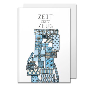 Klappkarte Zeit statt Zeug, Geschenkehaufen, mit Briefumschlag und Liste Gutscheinideen